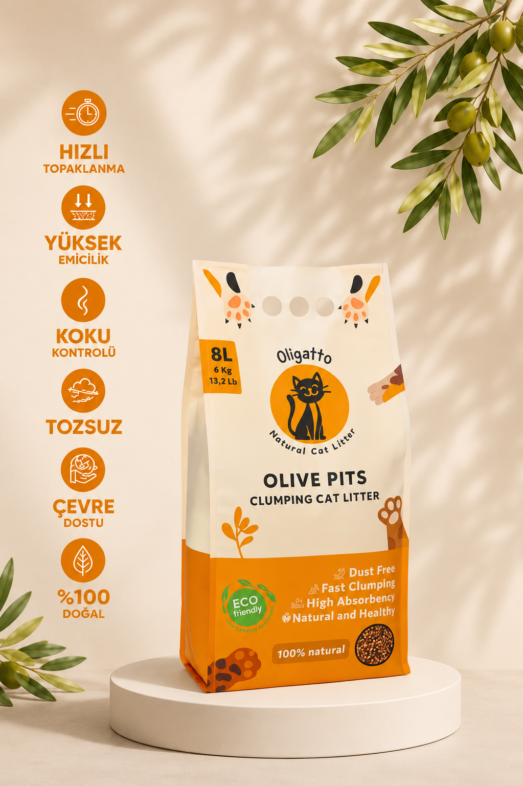 Zeytin Çekirdeğinden Aktif Karbonlu Kedi Kumu 8 Lt