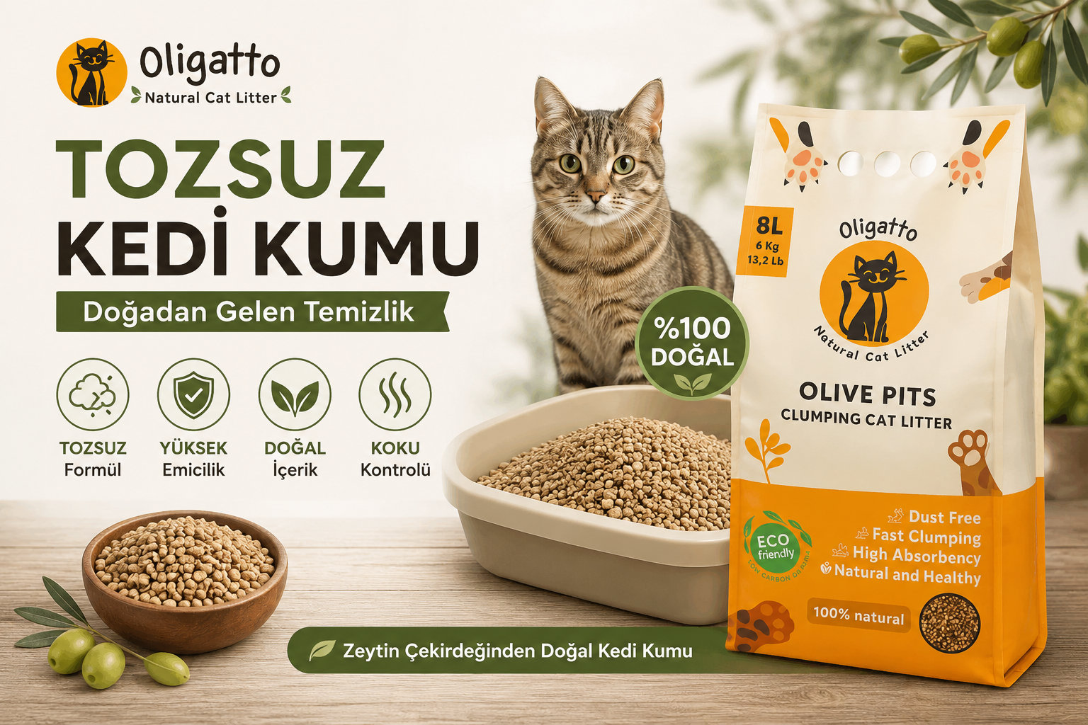 Tozsuz Kedi Kumu – Oligatto Tozsuz kedi kumu – Oligatto zeytin çekirdeğinden üretilen tozsuz kedi kumu